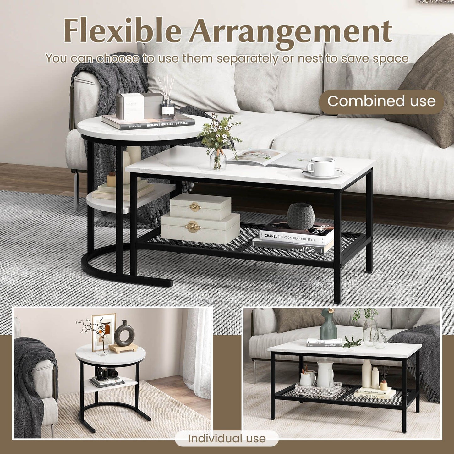 Set of 2 Nesting Coffee Table with Extra Storage Shelf