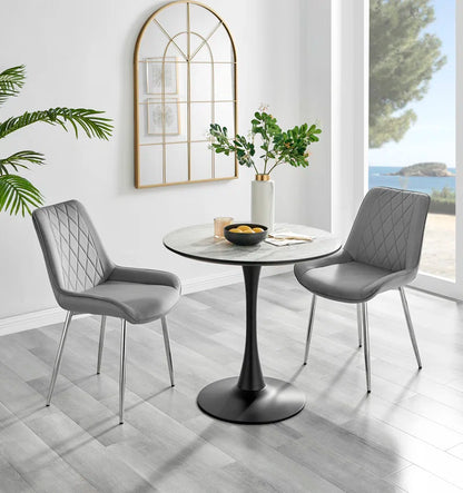 Ellis White Marble Effect Melamine round Dining Table Set with 2 Luxury Velvet Dining Chairs