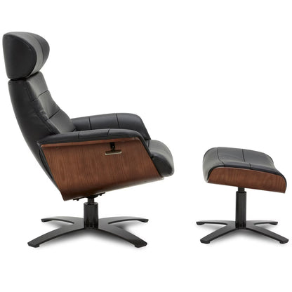 Karma Black Top Grain Leather Swivel Chair with Ottoman