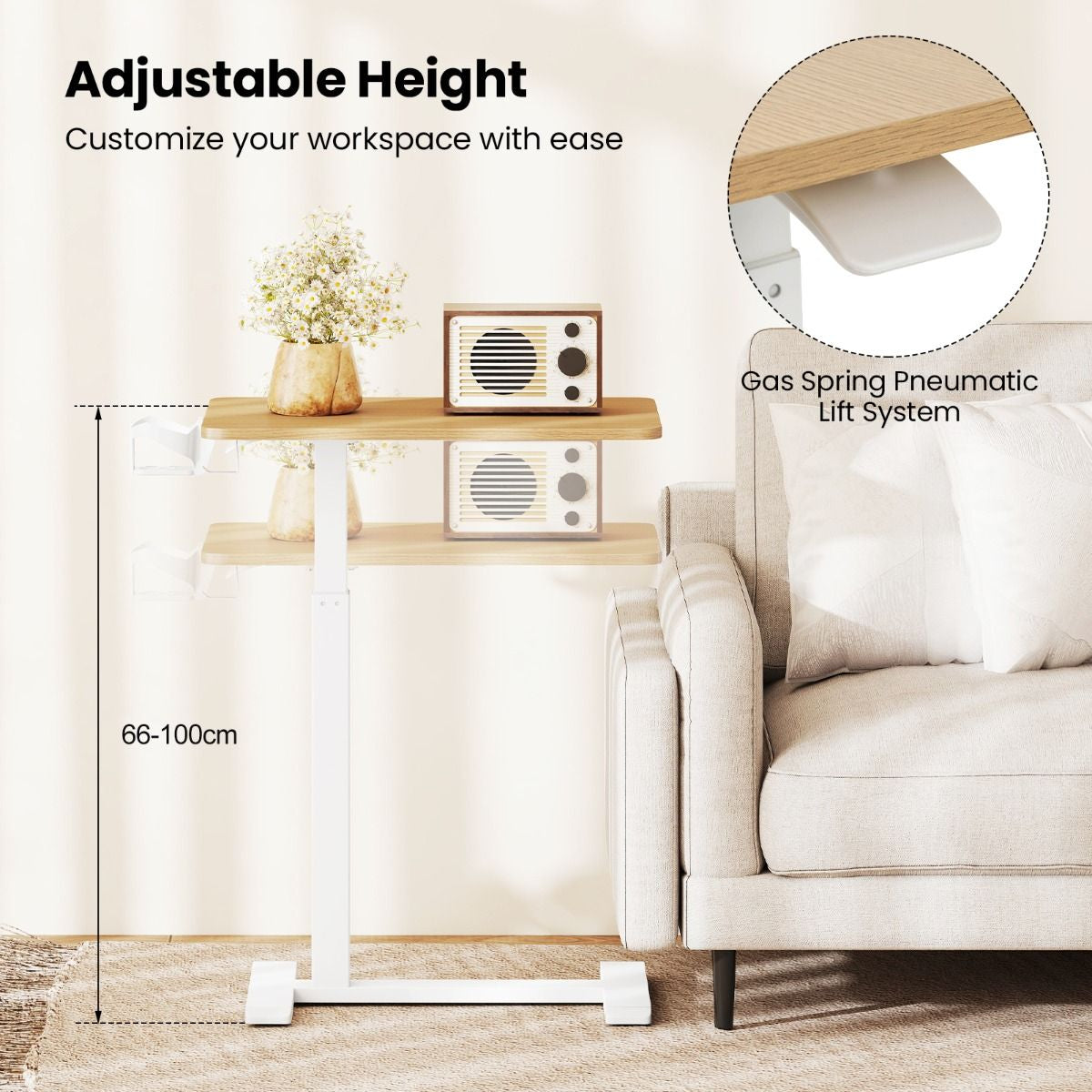 Height Adjustable Overbed Bedside Table with Cup Holder and Headphone Hook