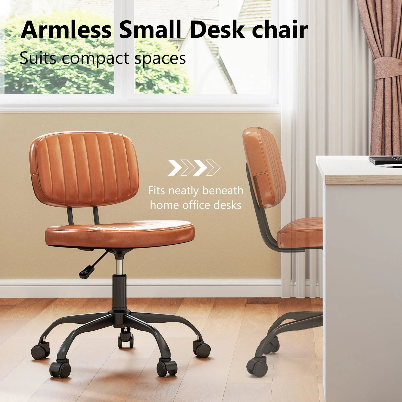 Home Office Small Armless Desk Chair with Wheels and Lumbar Support