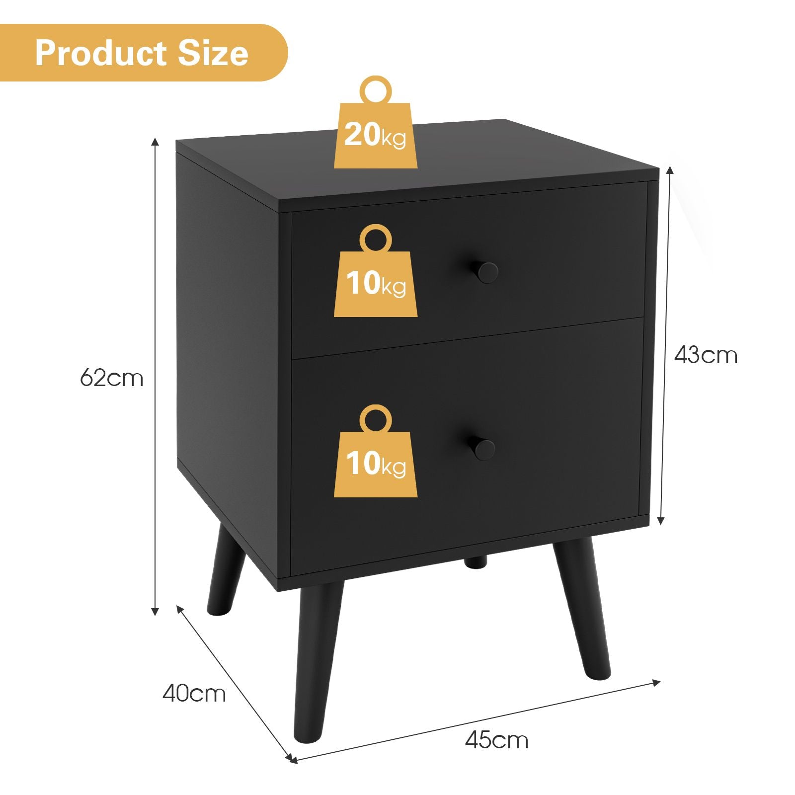 2-Drawer Nightstand with Solid Rubber Wood Legs and Large Storage Space