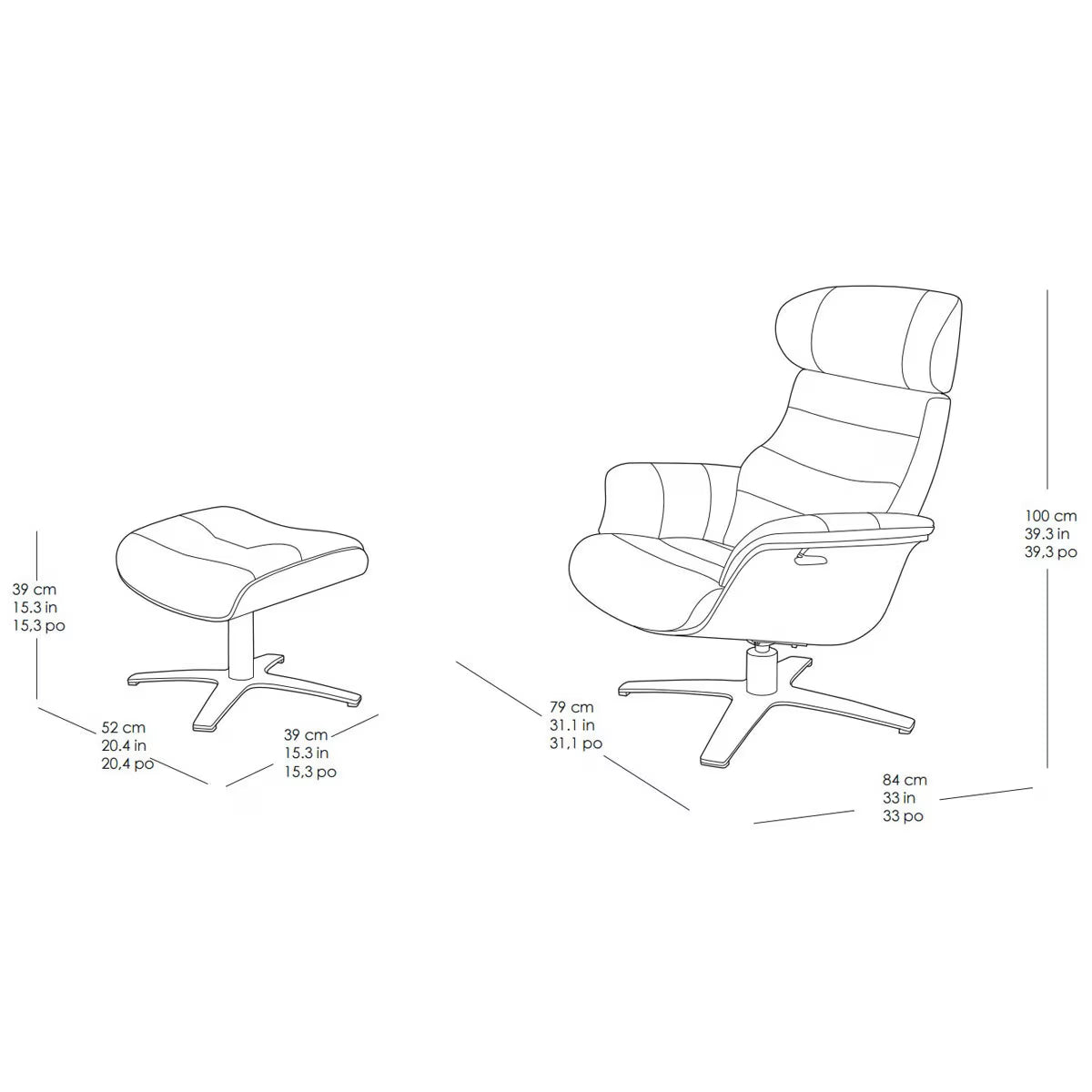 Karma Black Top Grain Leather Swivel Chair with Ottoman