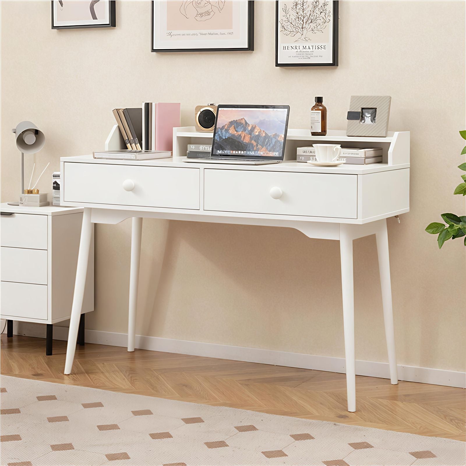 120 CM Writing Desk with Hutch and Drawers for Bedroom