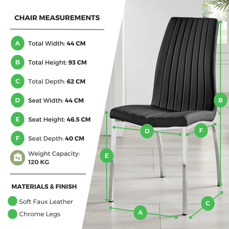 Faux Leather Modern Tall Back Dining Chairs with Chrome Metal Legs & Vertical Stitching