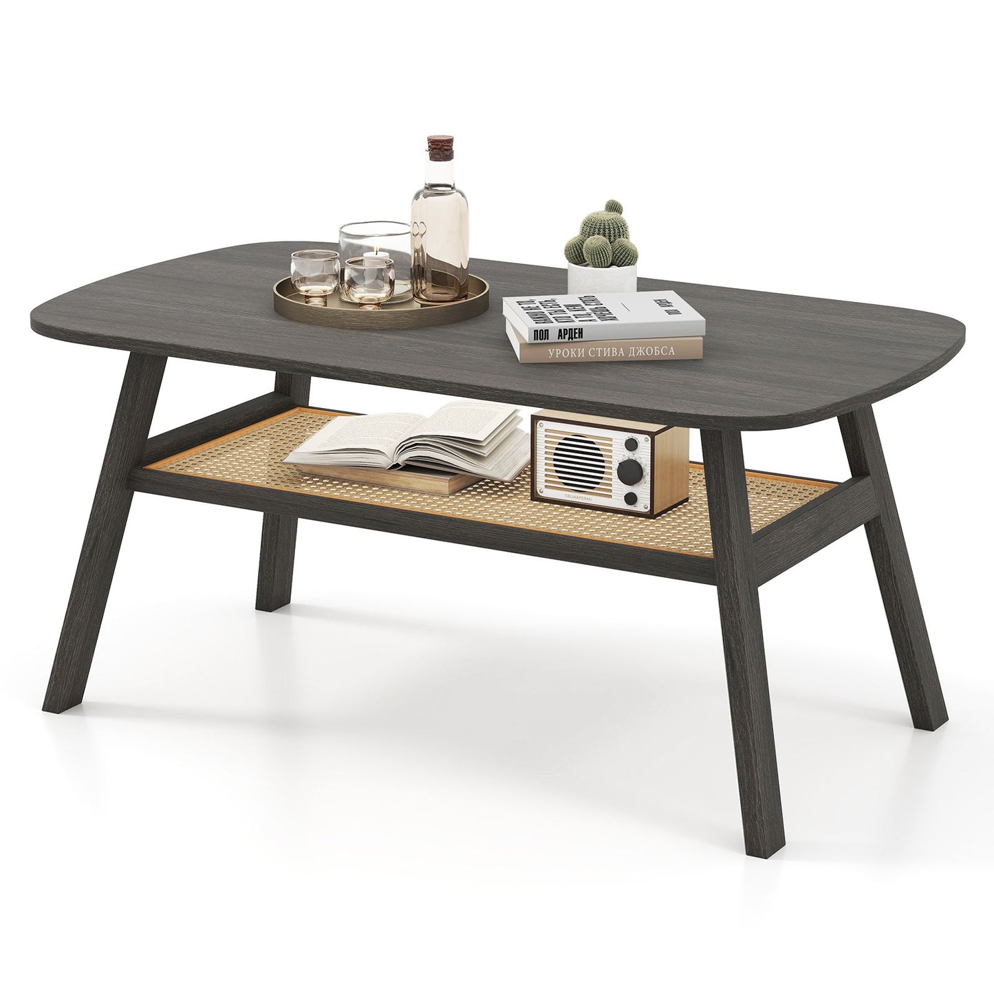 2-Tier Coffee Table with Rattan Storage Shelf and Rubber Wood Legs