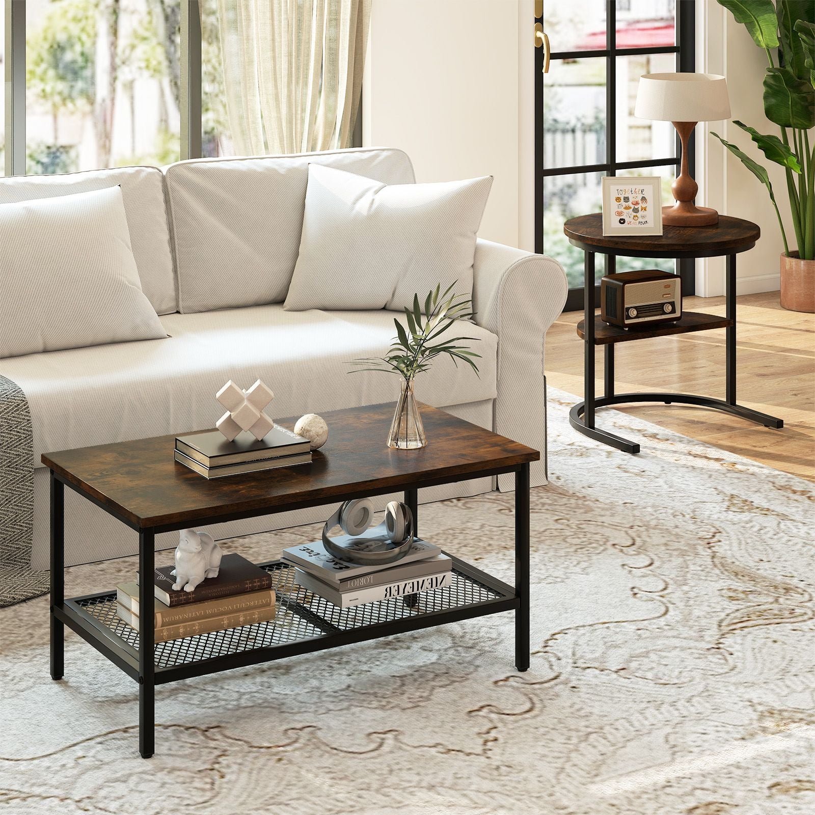 Set of 2 Nesting Coffee Table with Extra Storage Shelf