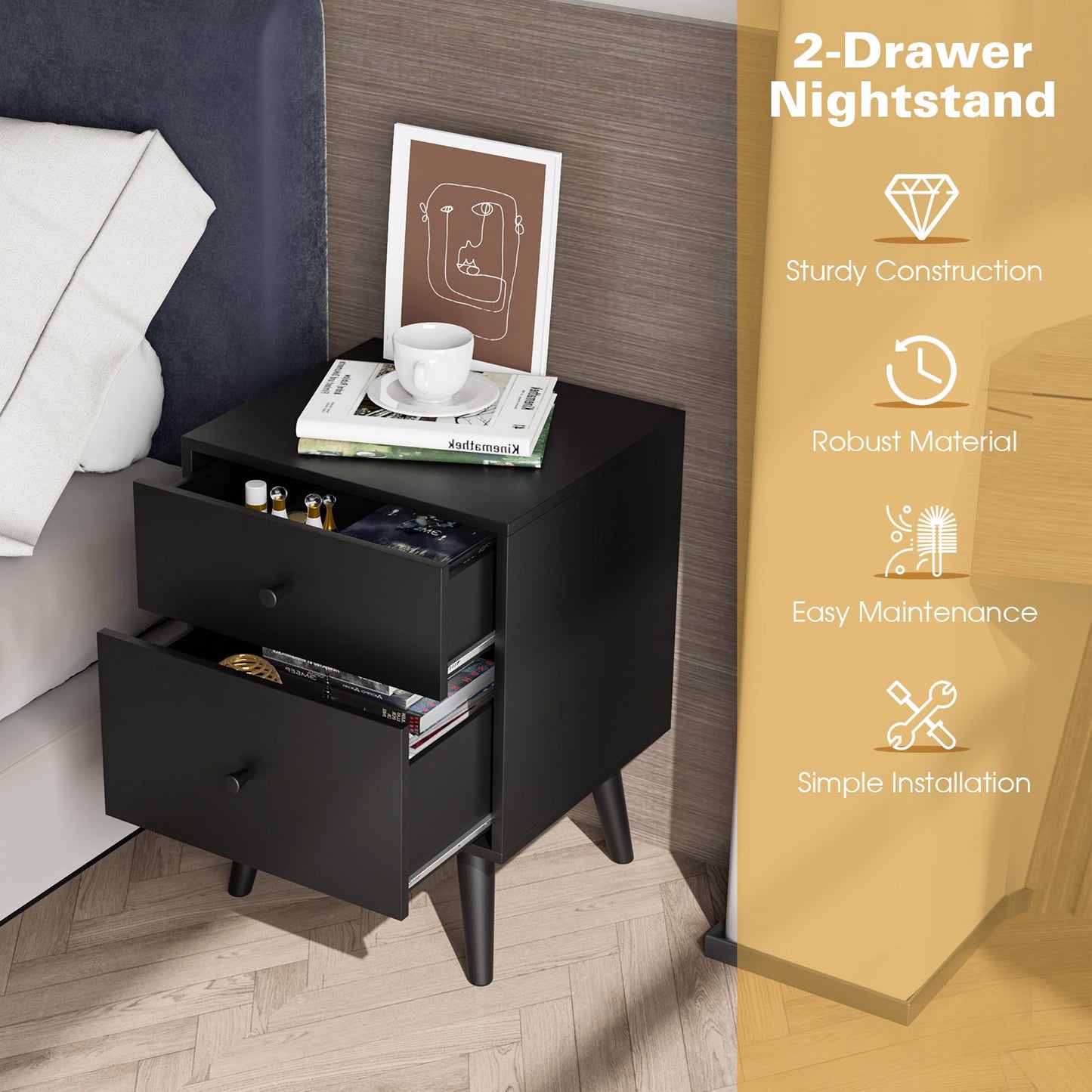 2-Drawer Nightstand with Solid Rubber Wood Legs and Large Storage Space