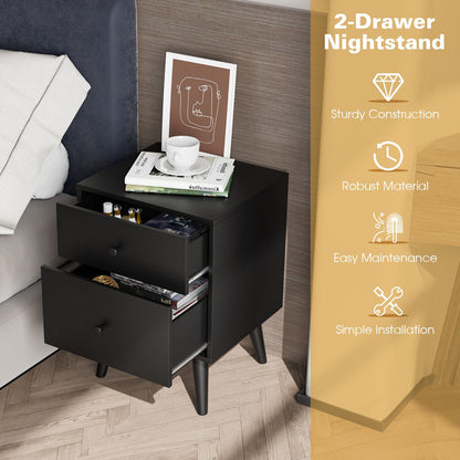 2-Drawer Nightstand with Solid Rubber Wood Legs and Large Storage Space