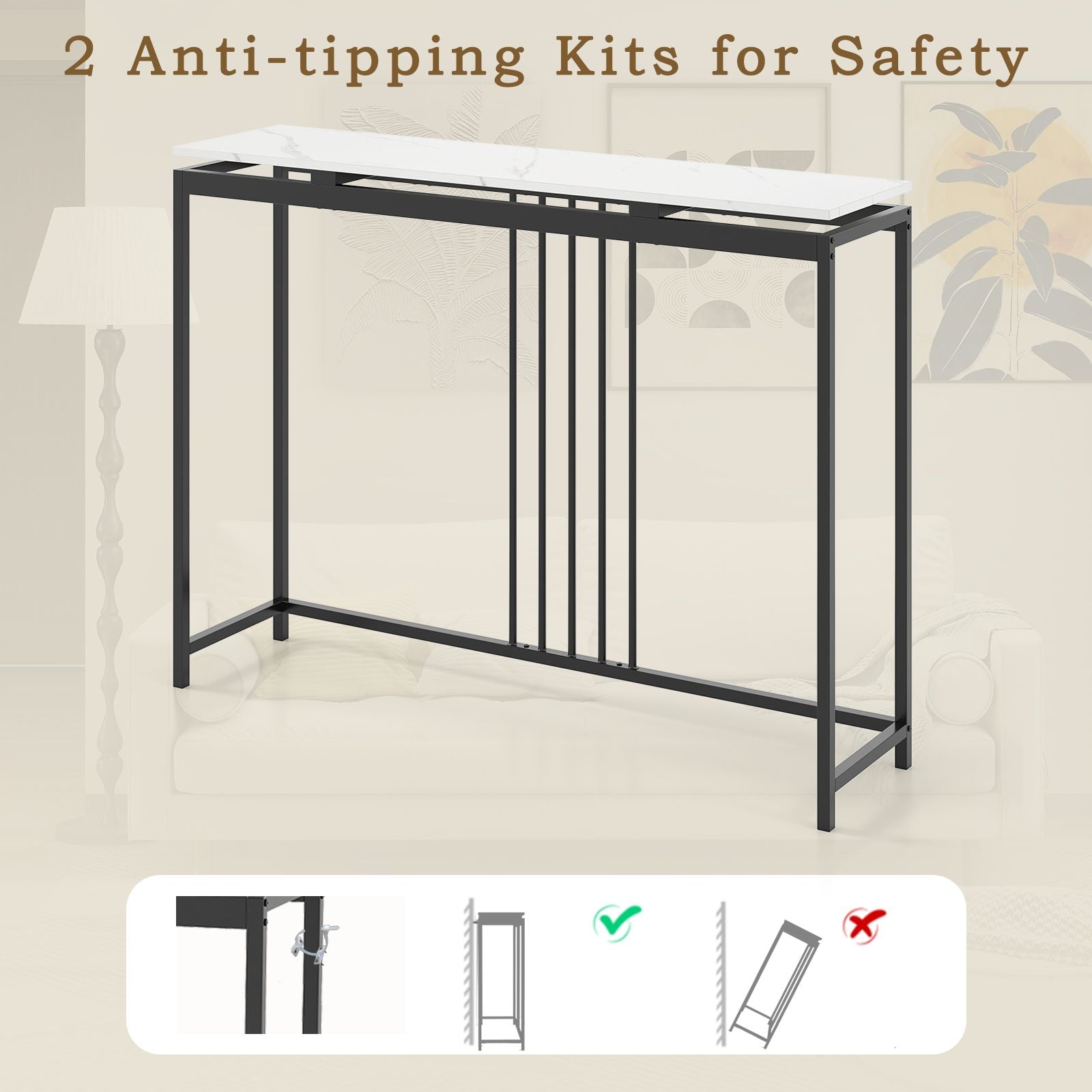 120Cm Console Table Narrow Entryway Table with Faux Marble Tabletop