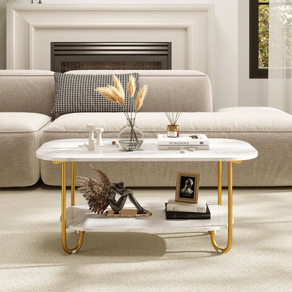 Faux Marble Top Coffee Table with Heavy-Duty Metal Frame