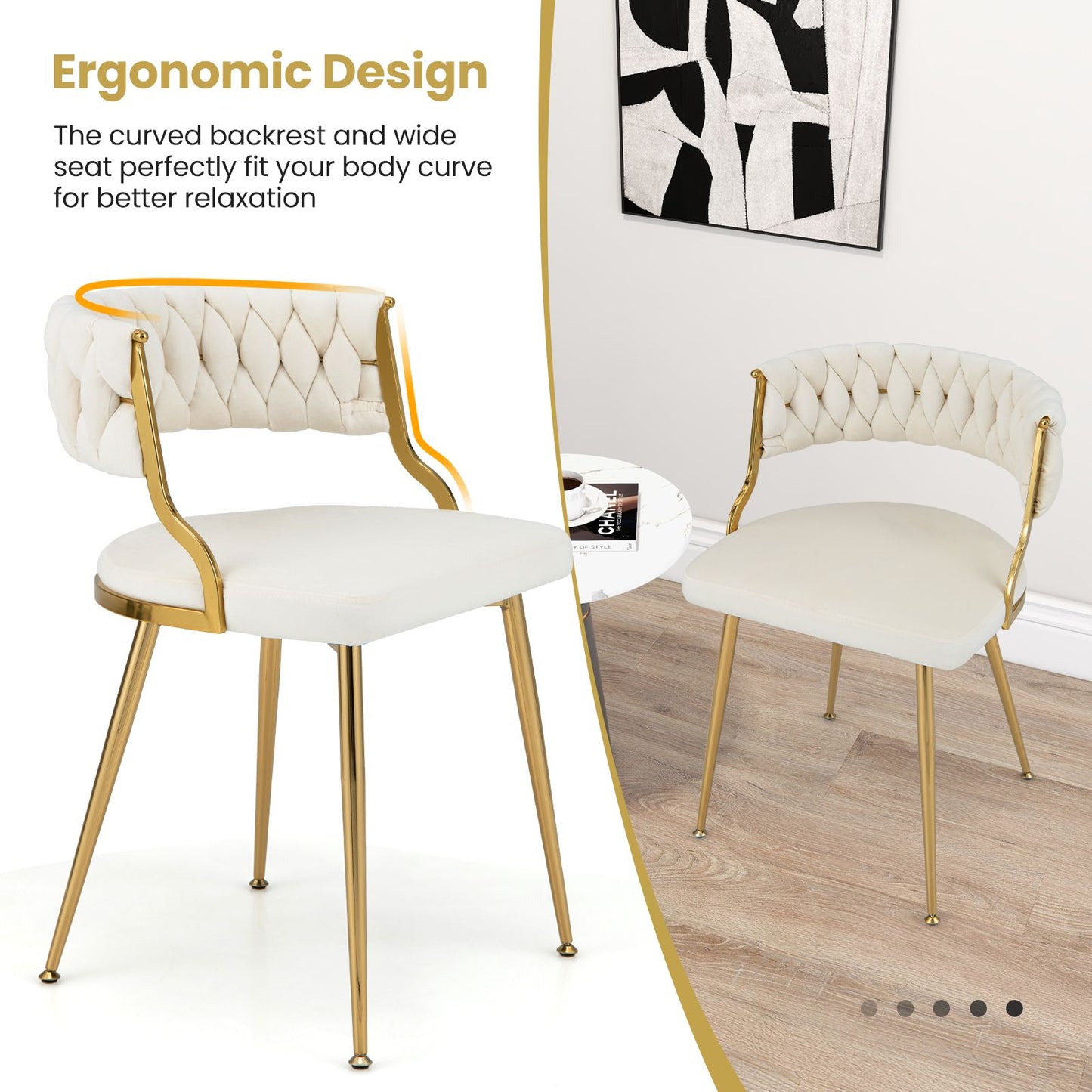 Set of 2 Velvet Dining Chair with Metal Legs and Woven Back