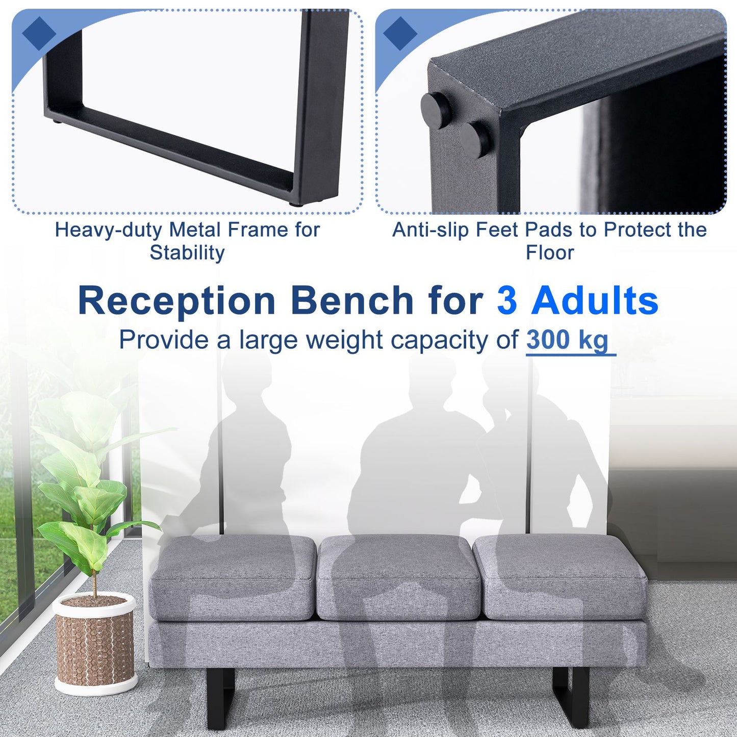 Waiting Room Bench Seating with 3 Seats and Metal Frame Leg