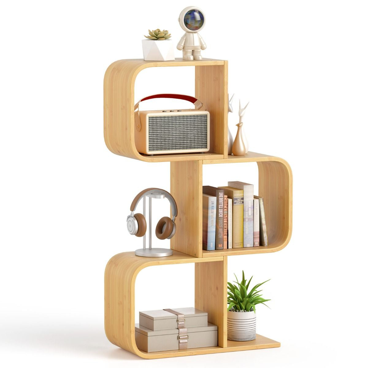 2/3/4/5-Tier S-Shaped Bookcase Bamboo Bookshelf with Open Cubes