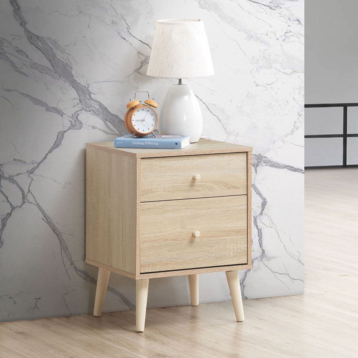 2-Drawer Nightstand with Solid Rubber Wood Legs and Large Storage Space