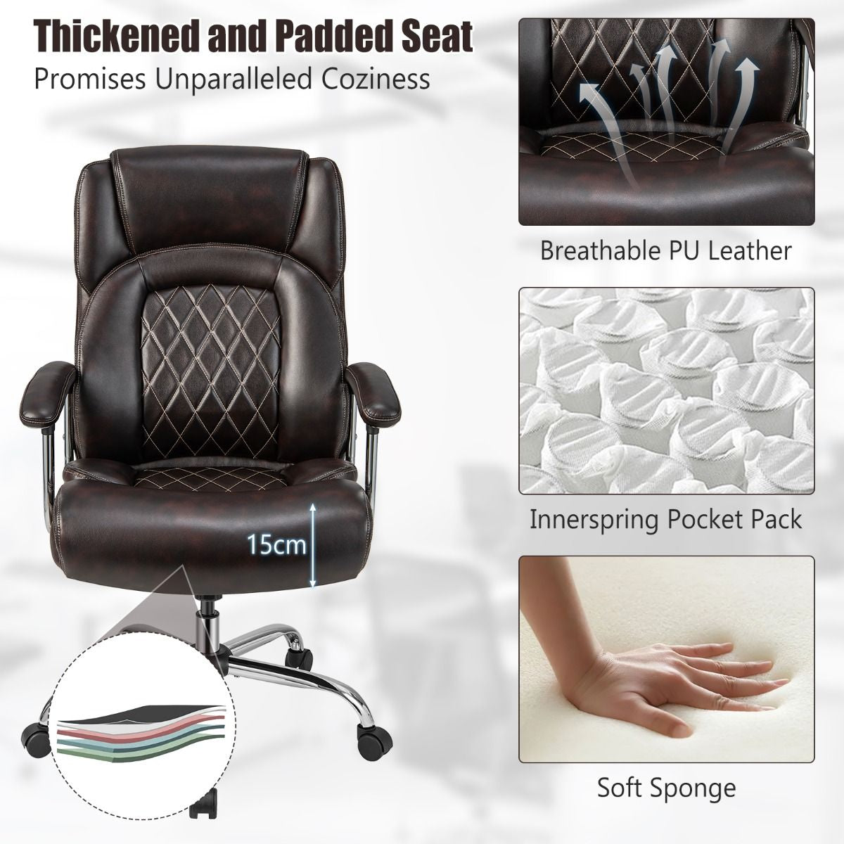 Leather Office Chair with Rocking Mode and Armrests