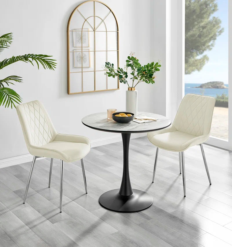 Ellis White Marble Effect Melamine round Dining Table Set with 2 Luxury Velvet Dining Chairs