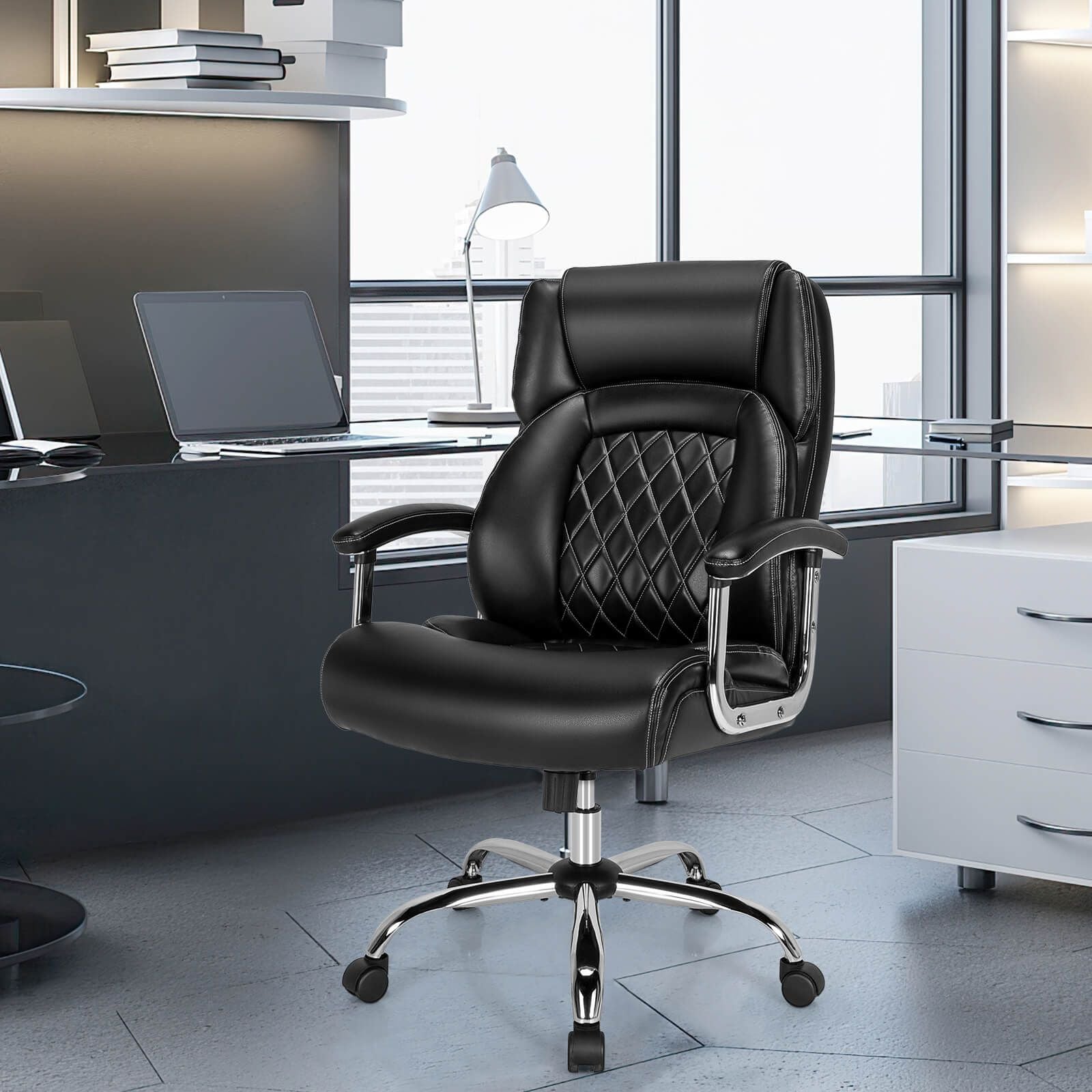 Leather Office Chair with Rocking Mode and Armrests