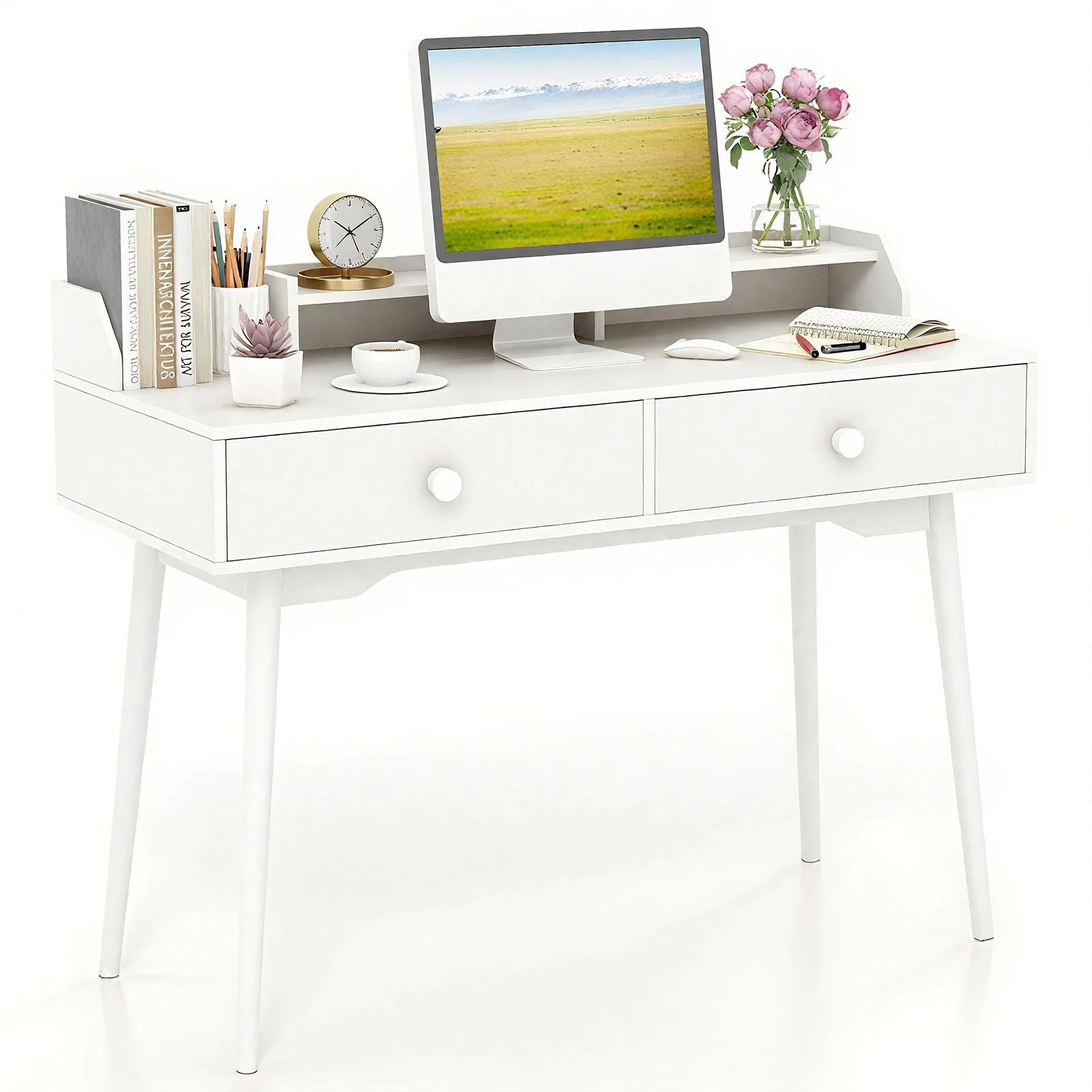 120 CM Writing Desk with Hutch and Drawers for Bedroom