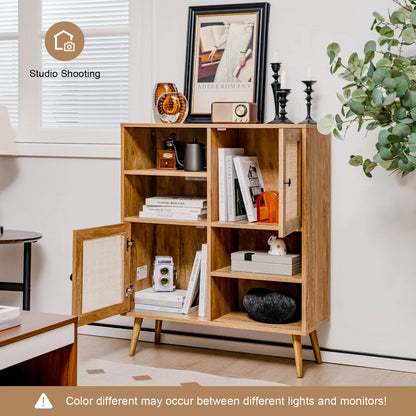 Rattan Sideboard Buffet Cabinet with 4 Cubbies and 2 Rattan-Decorated Doors