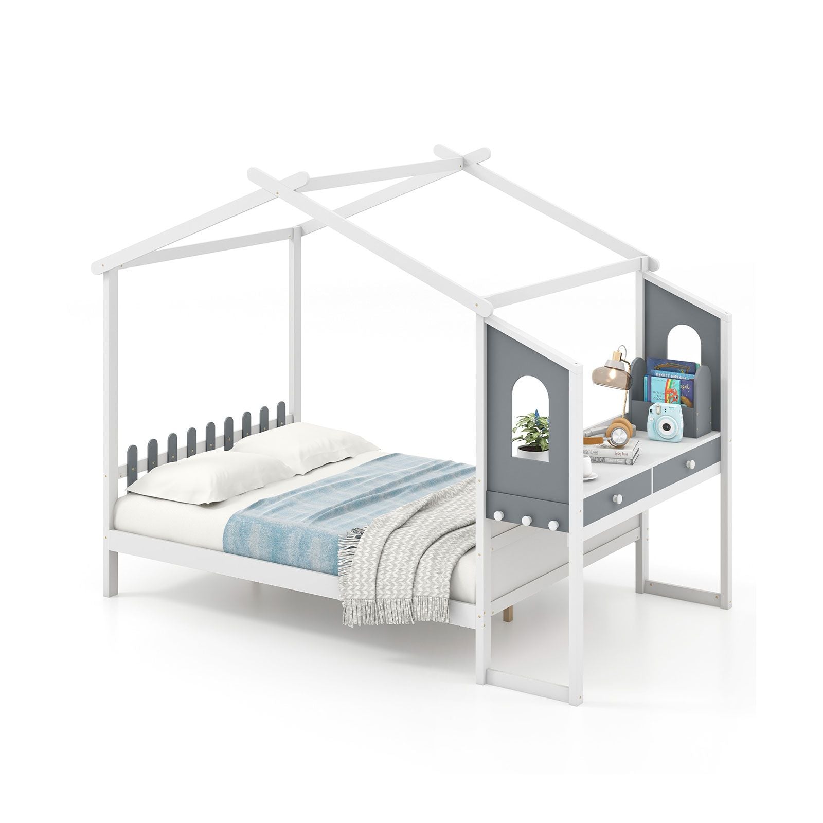 Single/Double House Bed Wood Montessori Bed Frame with Desk