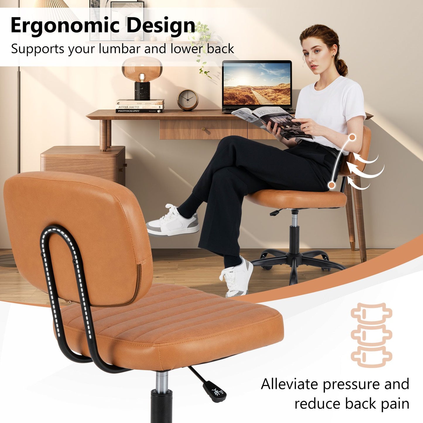 Home Office Small Armless Desk Chair with Wheels and Lumbar Support