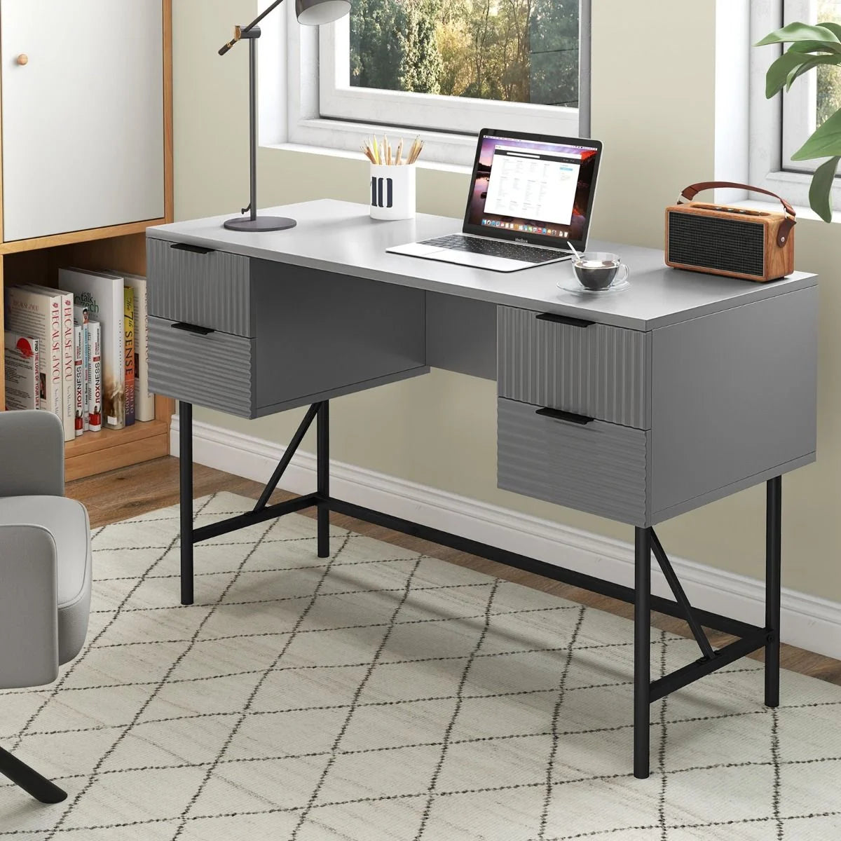 Modern Computer Desk with 4 Drawers and Storage