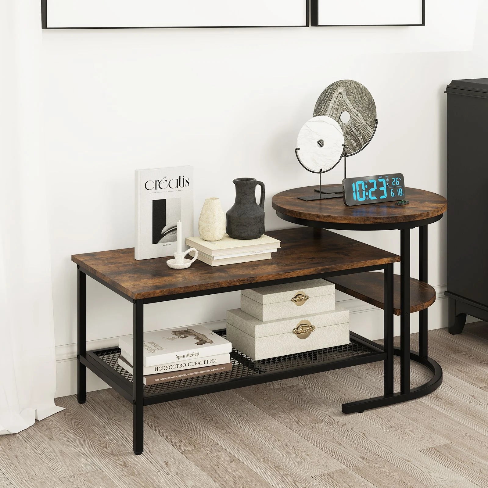 Set of 2 Nesting Coffee Table with Extra Storage Shelf