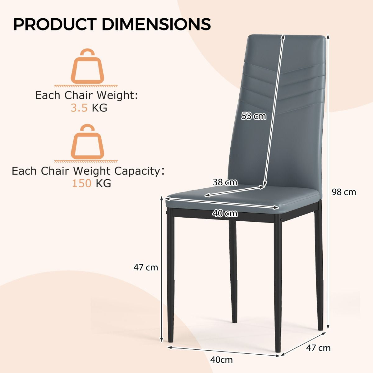 4 PCS Armless Side Chairs with Upholstered Cushion and Sturdy Metal Frame