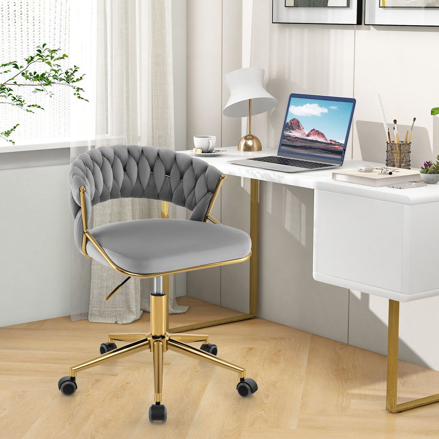 360° Swivel Home Office Desk Chair Set of 2 with Hand-Woven Back