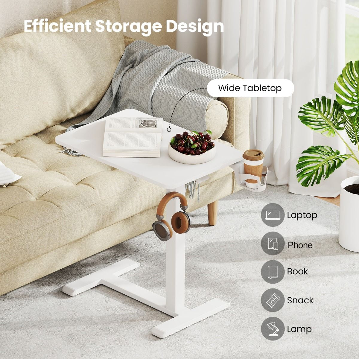 Height Adjustable Overbed Bedside Table with Cup Holder and Headphone Hook