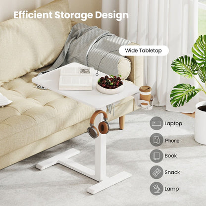 Height Adjustable Overbed Bedside Table with Cup Holder and Headphone Hook