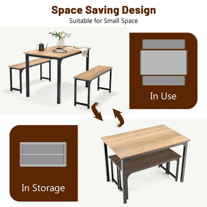 3 Pieces Space-Saving Dining Breakfast Table Set with 2 Benches