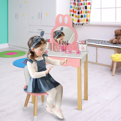 Kids Vanity Table and Chair Pretend Play with Mirror and Drawers