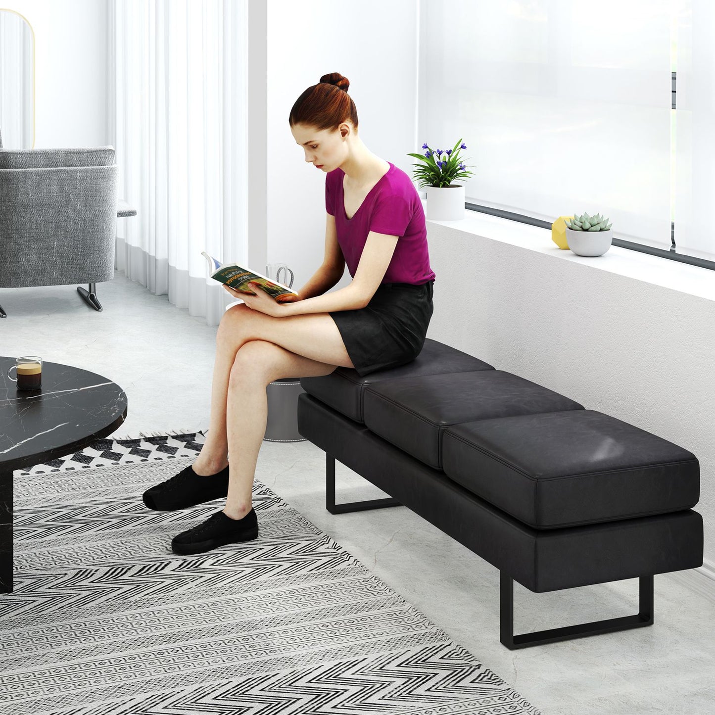 Waiting Room Bench Seating with 3 Seats and Metal Frame Leg