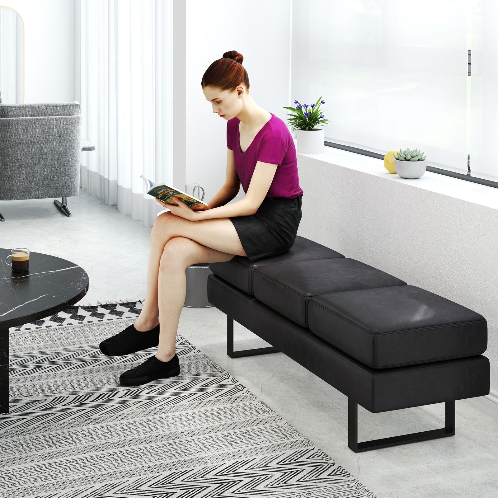 Waiting Room Bench Seating with 3 Seats and Metal Frame Leg