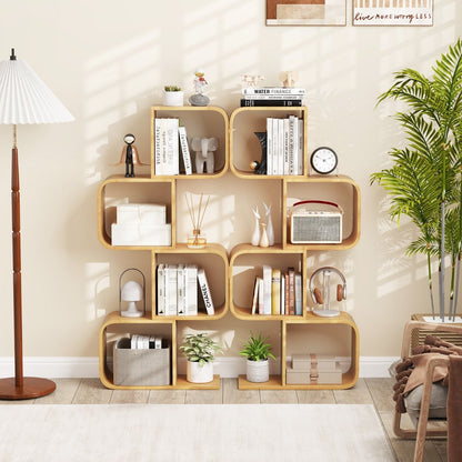 2/3/4/5-Tier S-Shaped Bookcase Bamboo Bookshelf with Open Cubes