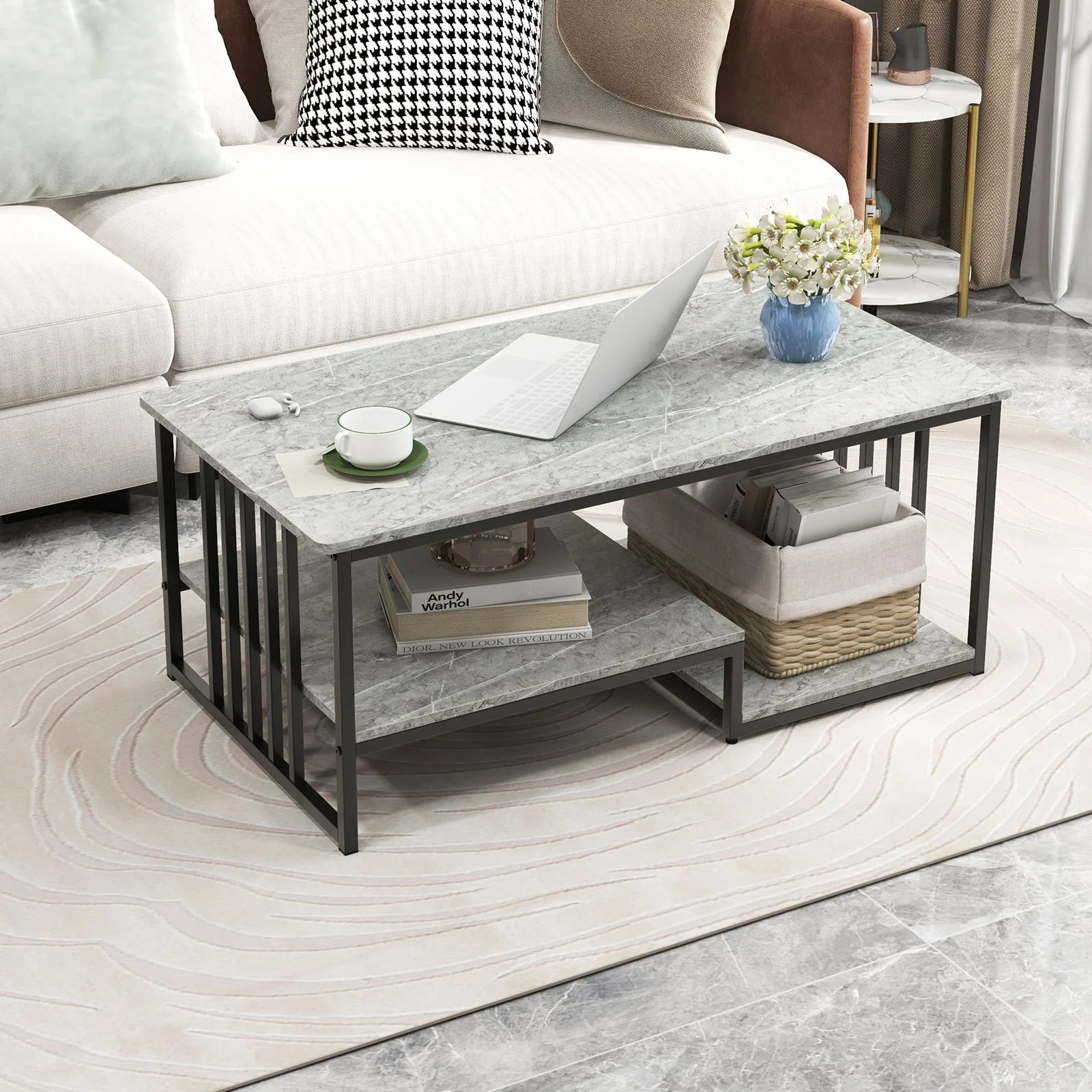 Faux Marble Coffee Table with Open Storage Shelf