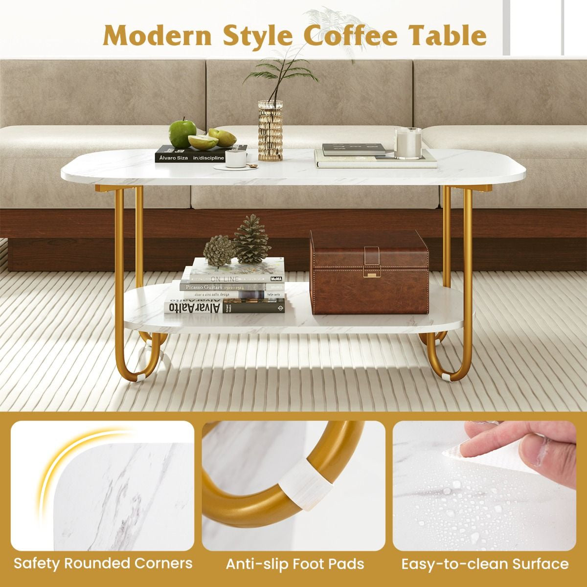 Faux Marble Top Coffee Table with Heavy-Duty Metal Frame