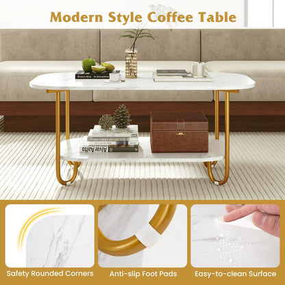Faux Marble Top Coffee Table with Heavy-Duty Metal Frame
