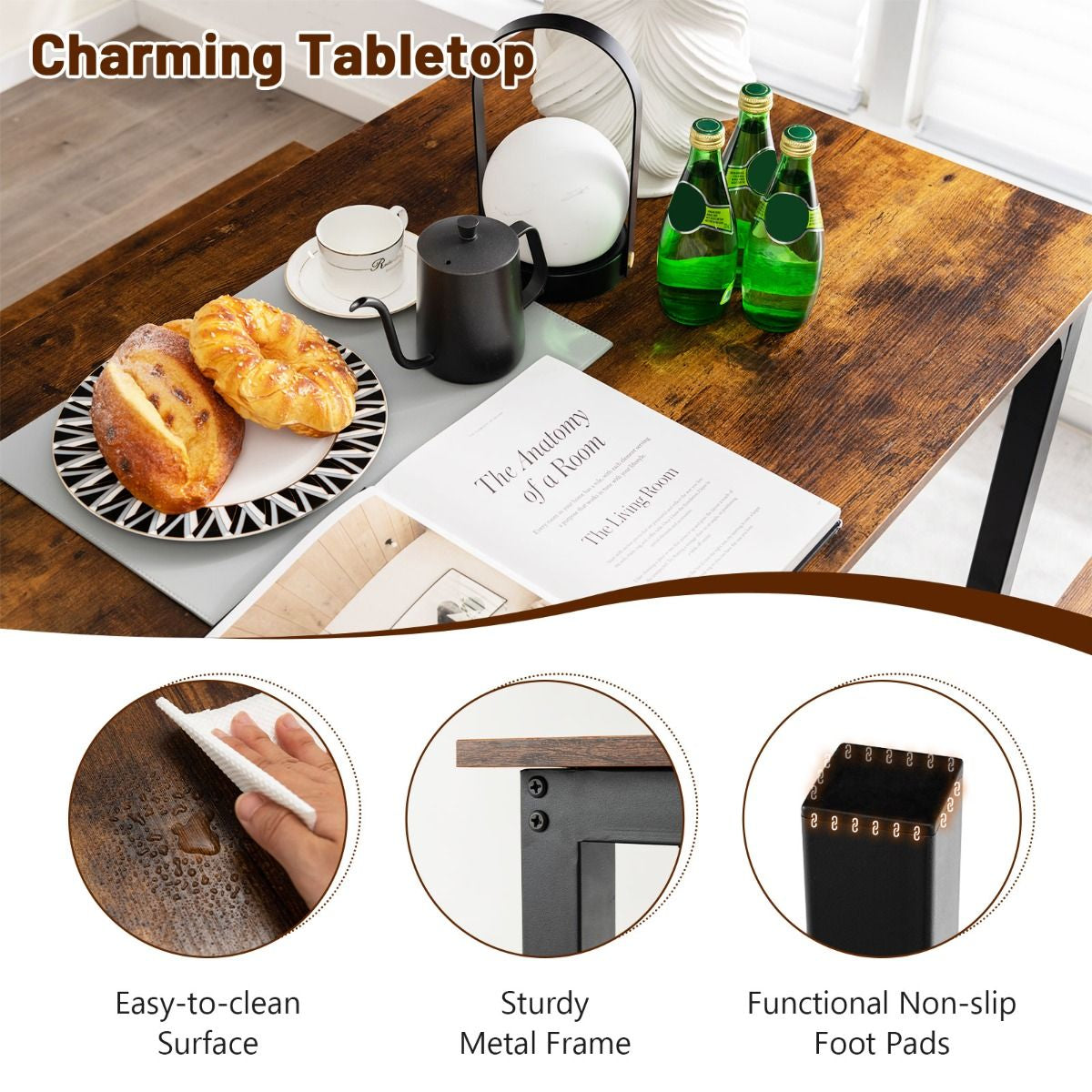 3 Pieces Space-Saving Dining Breakfast Table Set with 2 Benches