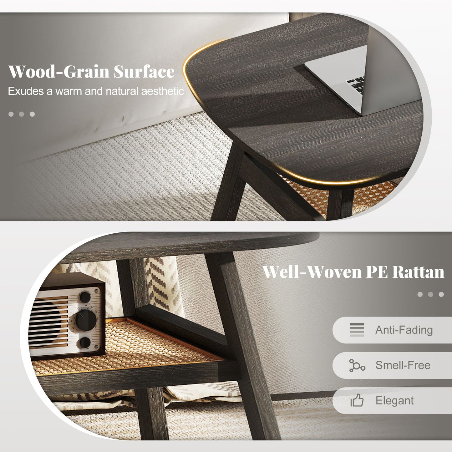 2-Tier Coffee Table with Rattan Storage Shelf and Rubber Wood Legs