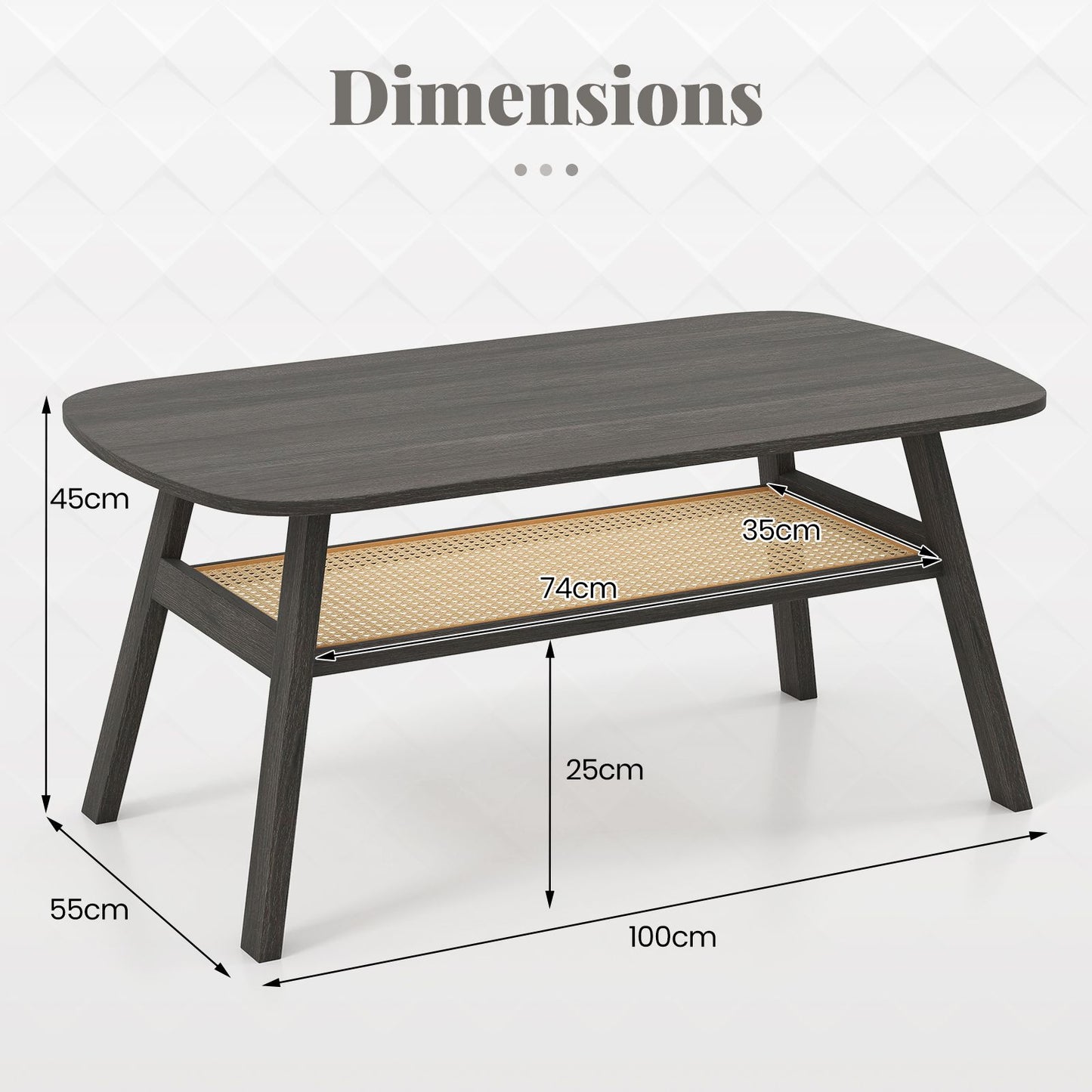 2-Tier Coffee Table with Rattan Storage Shelf and Rubber Wood Legs