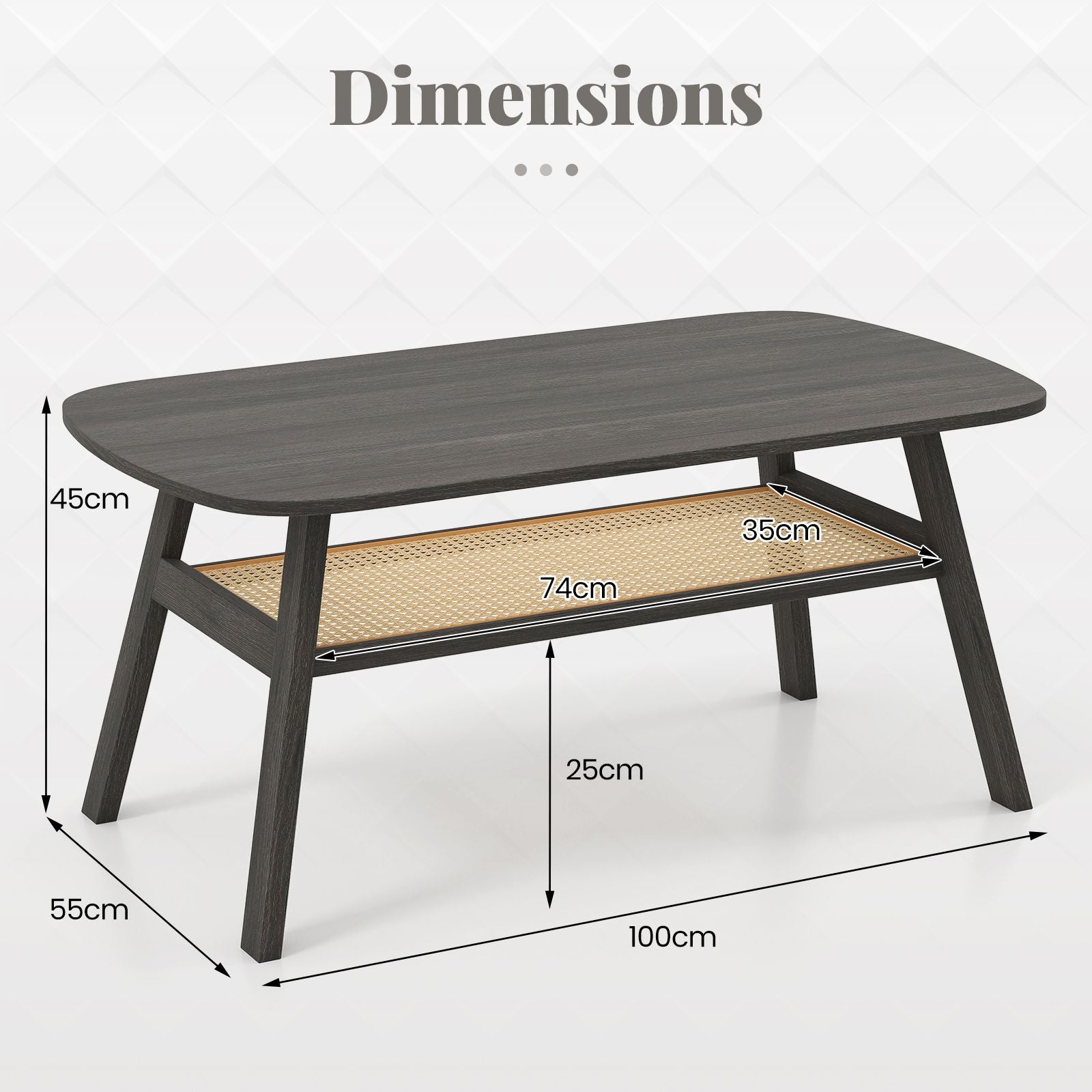 2-Tier Coffee Table with Rattan Storage Shelf and Rubber Wood Legs
