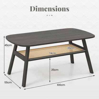 2-Tier Coffee Table with Rattan Storage Shelf and Rubber Wood Legs