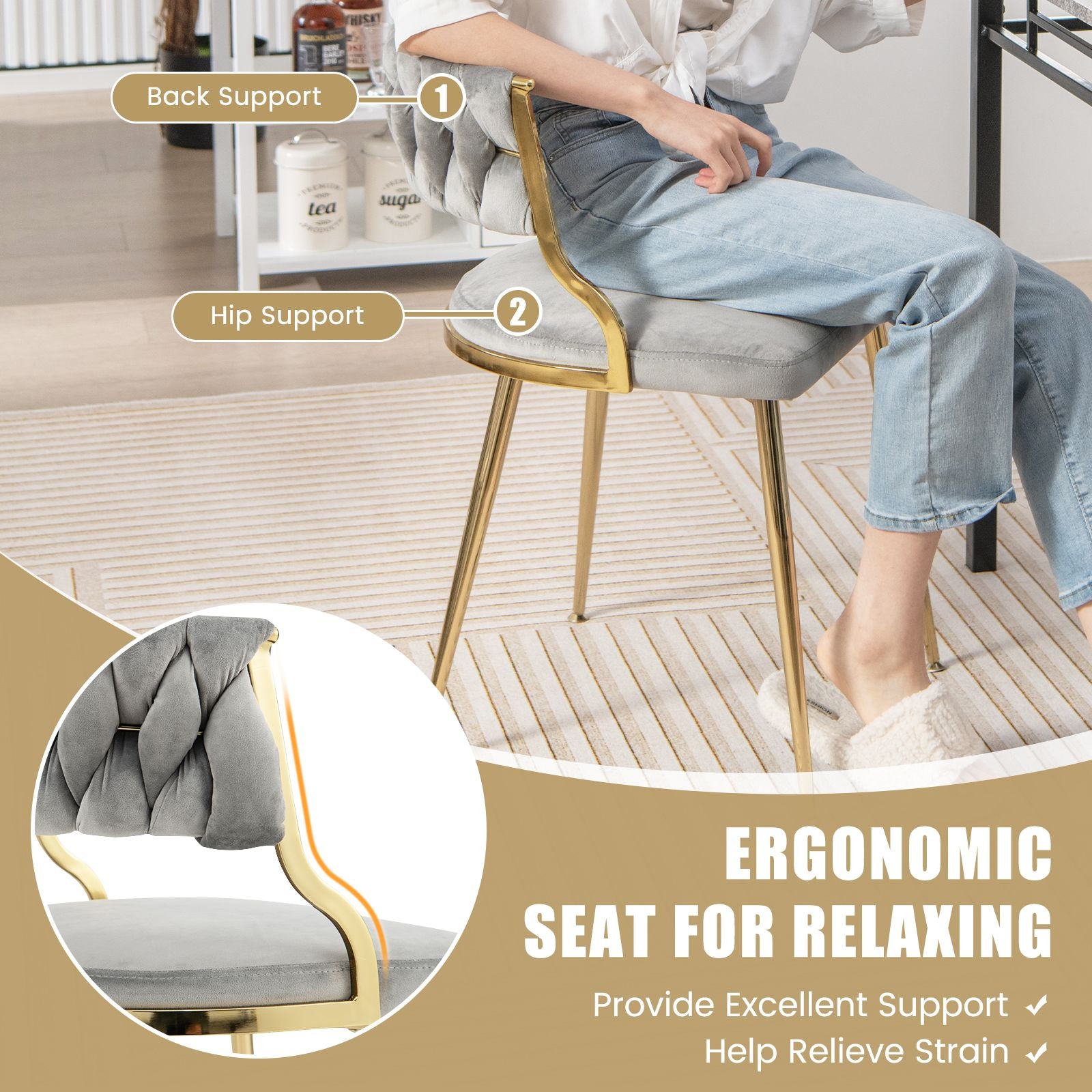 Set of 2 Velvet Dining Chair with Metal Legs and Woven Back