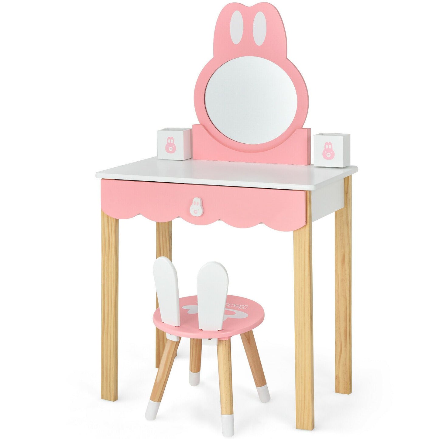 Kids Vanity Table and Chair Pretend Play with Mirror and Drawers