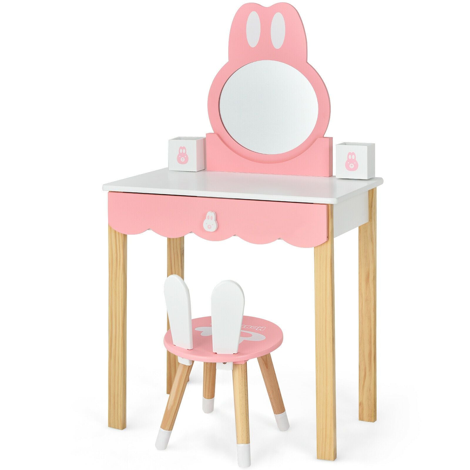 Kids Vanity Table and Chair Pretend Play with Mirror and Drawers