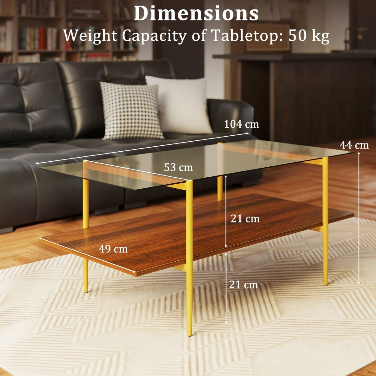 2-Tier Glass Coffee Table with Tampered Glass Tabletop & Open Storage Shelf