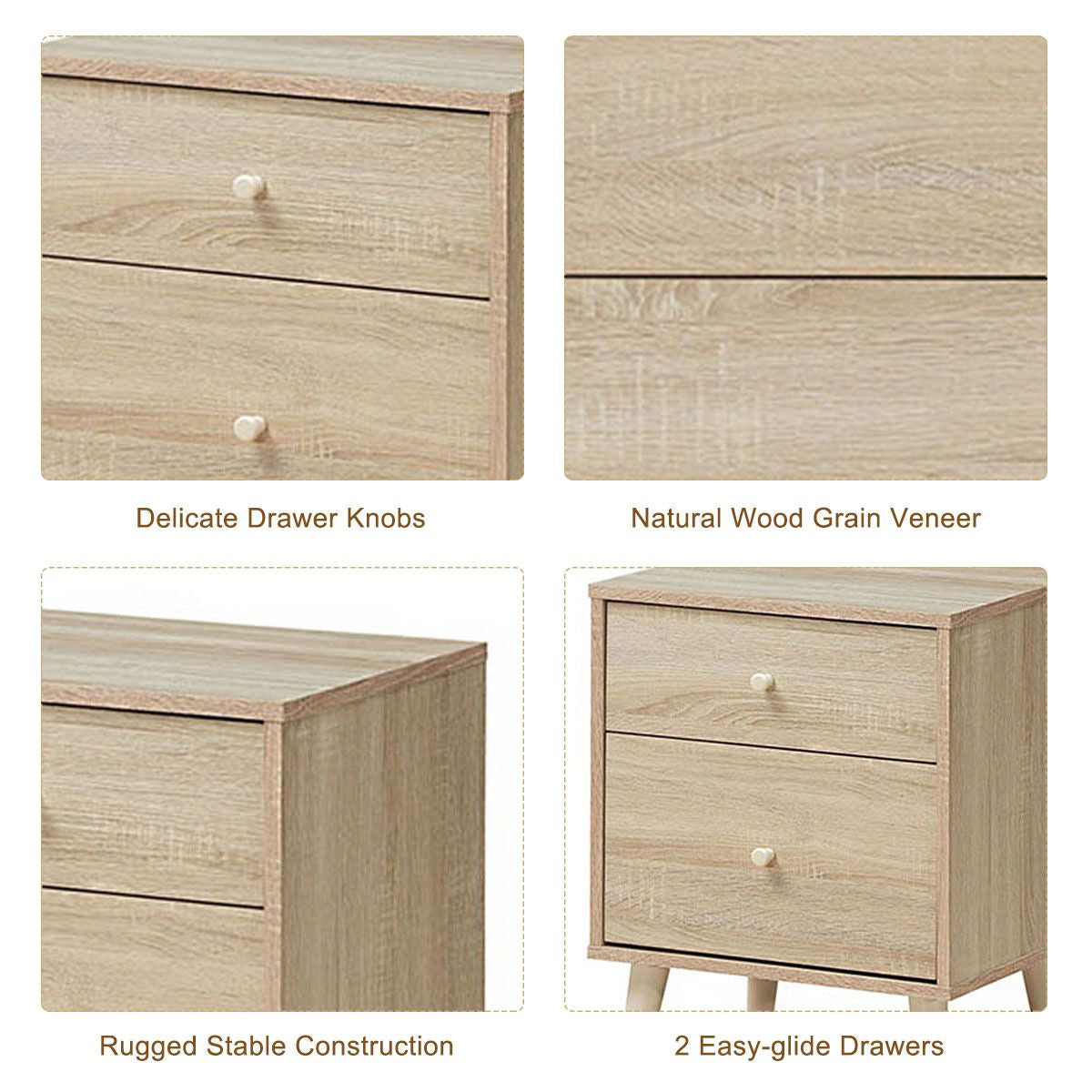 2-Drawer Nightstand with Solid Rubber Wood Legs and Large Storage Space